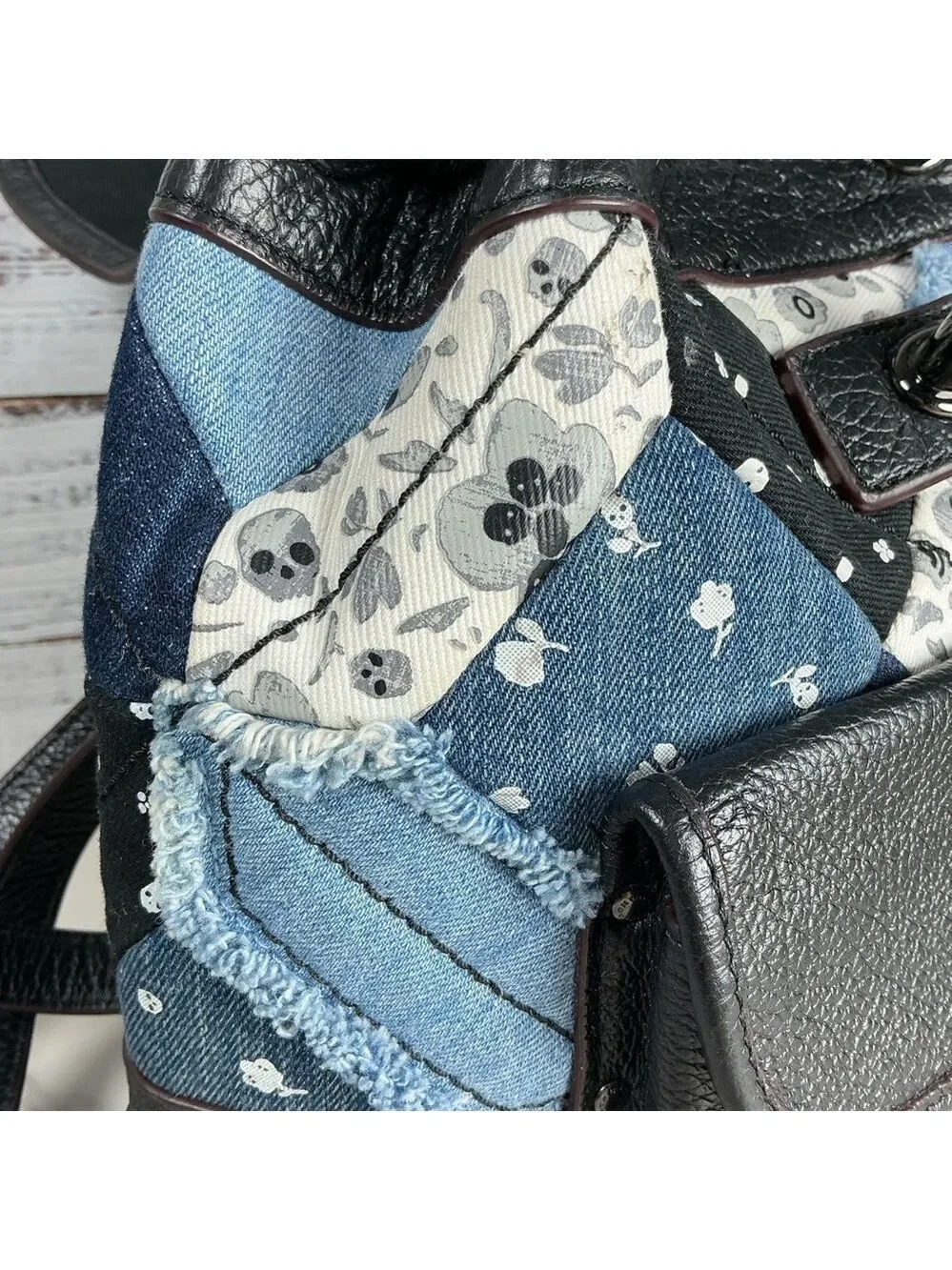 Coach Bag Black and Blue Denim Skulls Quilted Patchwork Turnlock Backpack School